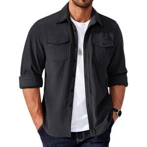 Coofandy Men Dark Gray Corduroy Button Down Lightweight Jacket with Flap Pockets